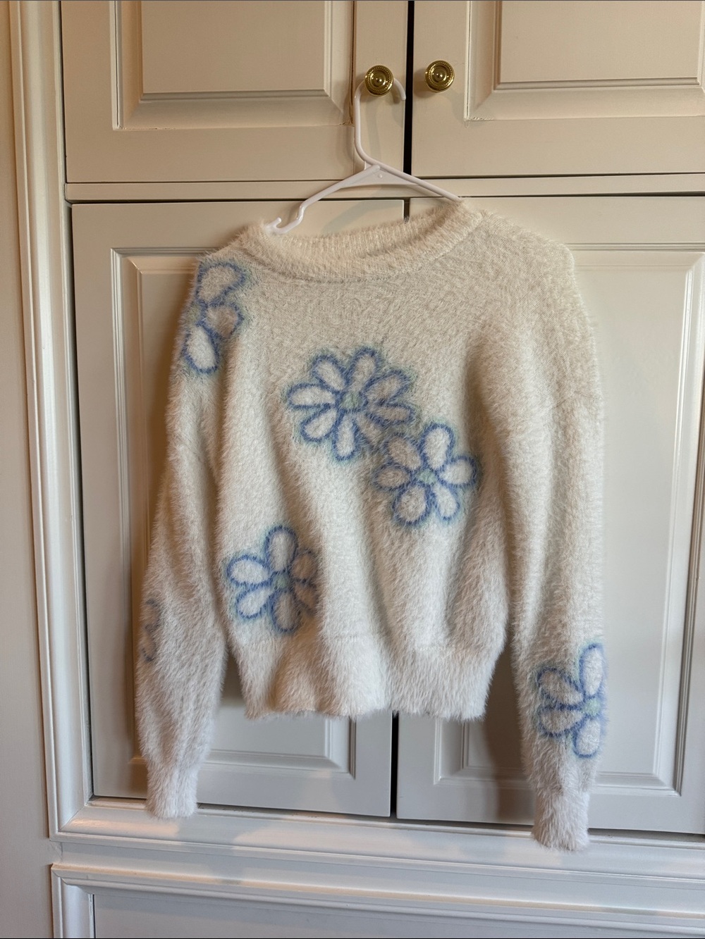 Cream Fuzzy Crewneck Sweater with Blue Floral Motif